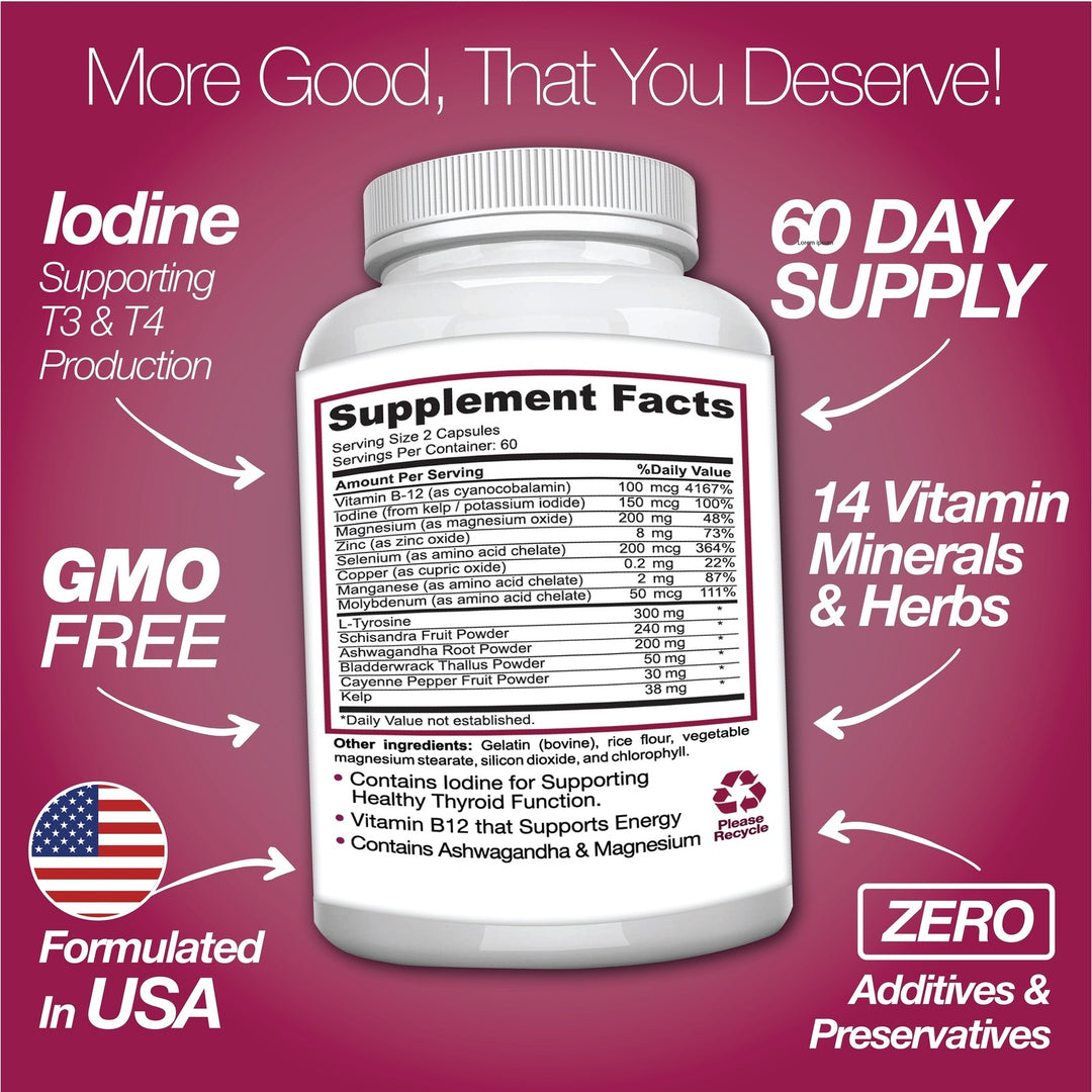 Thyroid Support Supplement with Iodine |120 Capsules to Help Body Mass & Improve Energy