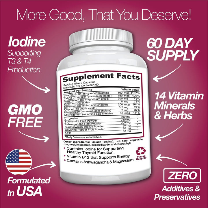 Thyroid Support Supplement with Iodine |120 Capsules to Help Body Mass & Improve Energy