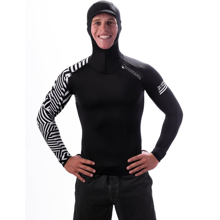 WAIHANA Black Carvico Hooded Surf Rashguard