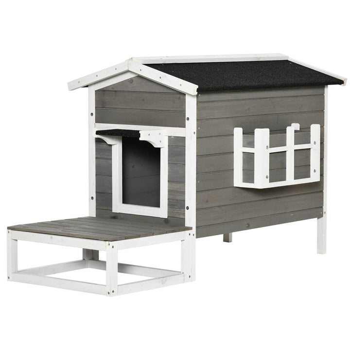 Weatherproof Outdoor Cat House with Porch & Escape Door - Feral Cat Shelter with Plant Stand | Dark Grey/White Wood Construction