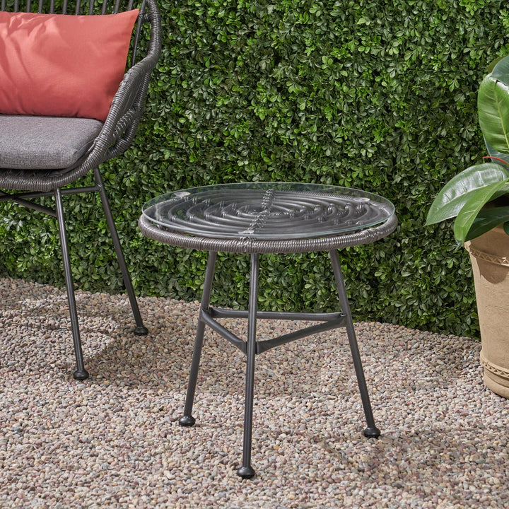Petrichor Outdoor Side Table with Tempered Glass and Steel Frame