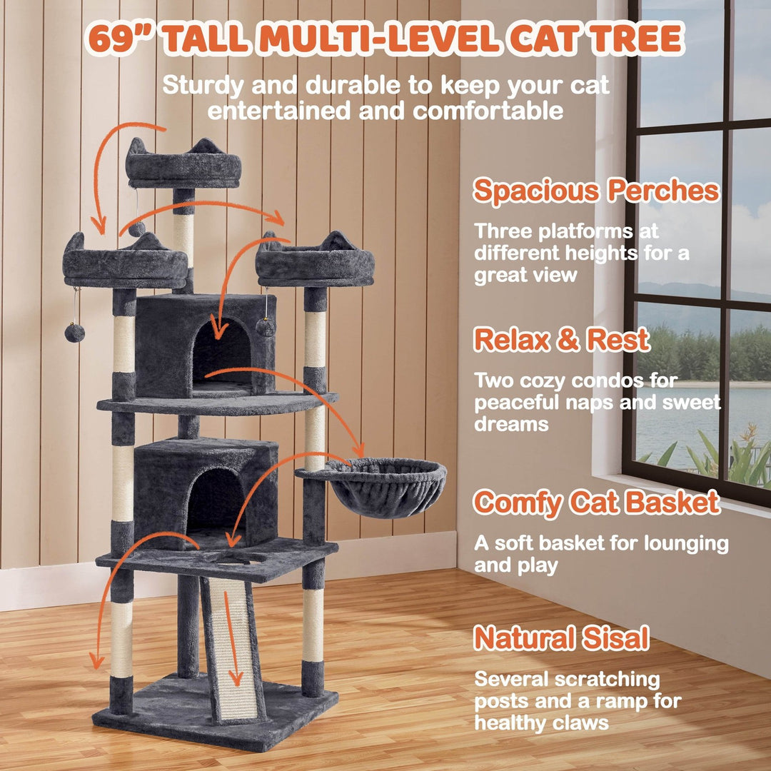 Renwick 69in Large Cat Tree Tower with Condos &amp; Scratching Board - Dark Gray