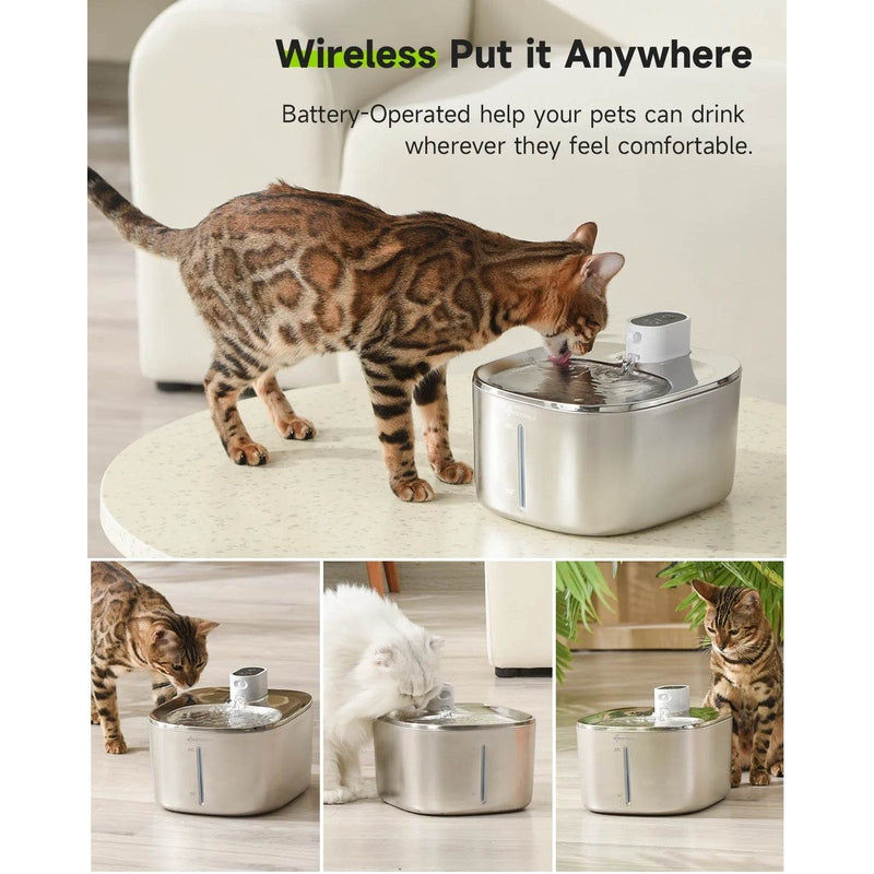 4L Wireless Cat Water Fountain - Auto Sensor Pet Drinking Fountain with Battery | Stainless Steel Cordless Water Dispenser for Dogs & Cats