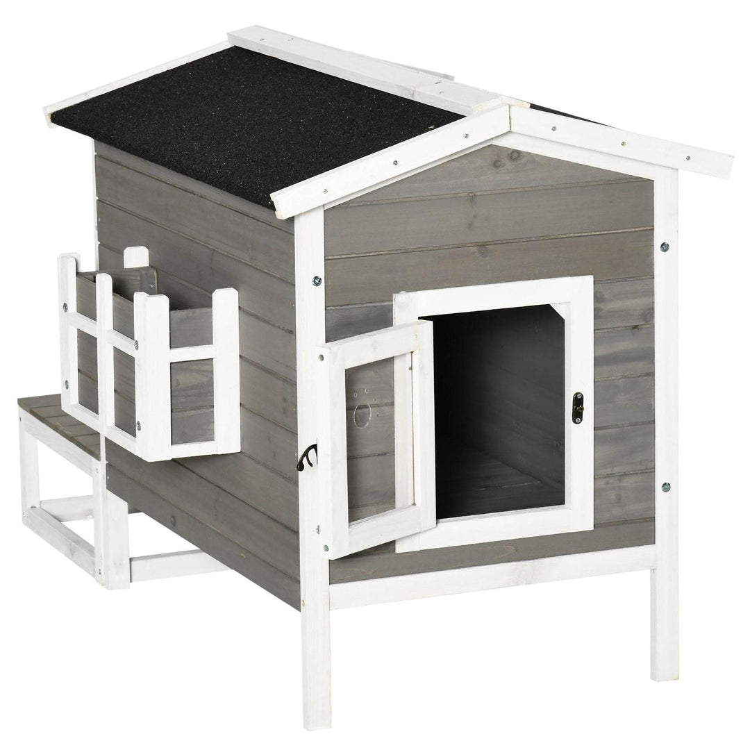 Weatherproof Outdoor Cat House with Porch & Escape Door - Feral Cat Shelter with Plant Stand | Dark Grey/White Wood Construction