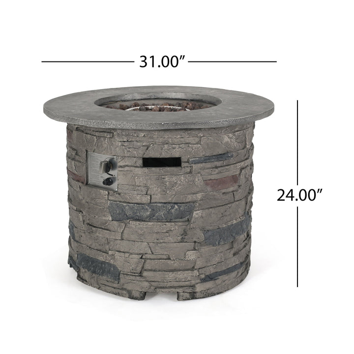 Transitional Outdoor 32" Round Propane Fire Pit Table, Stone Gray