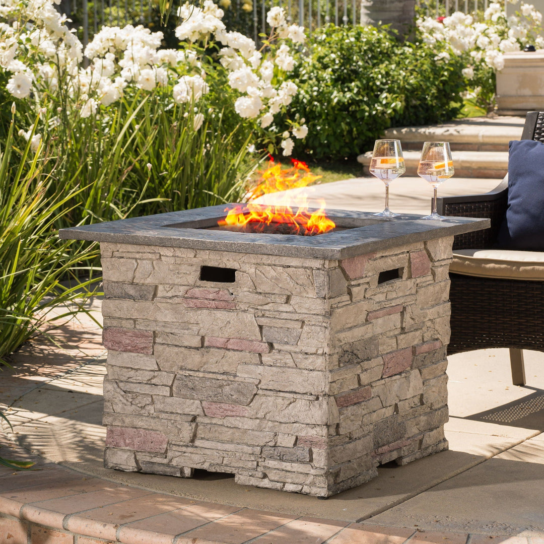 Classic Design Square Fire Pit With Top And 40,000 BTU Heat Output - Stone Gray