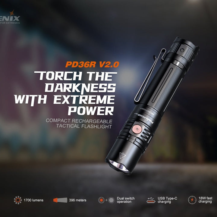 Fenix PD36R V2 Compact Rechargeable Tactical Flashlight - 1700 Lumens