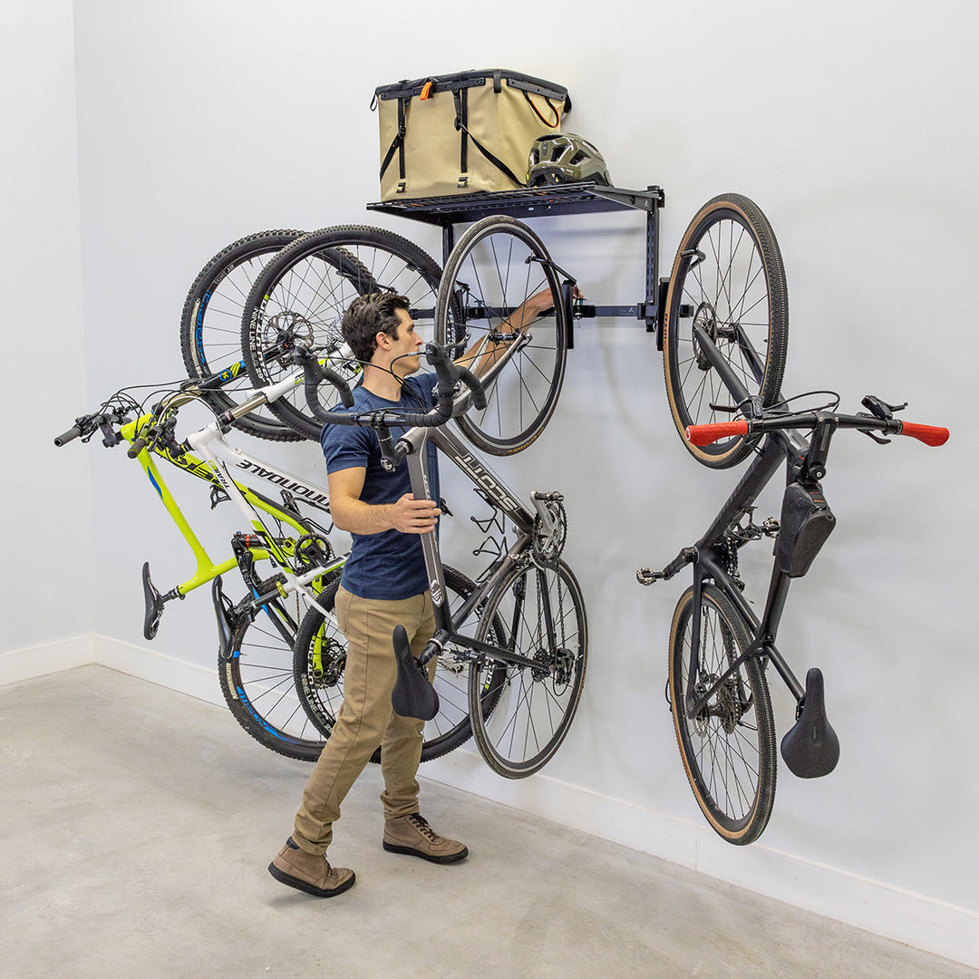 StoreYourBoard G-Swivel Bike + Shelf | Adjustable Wall Storage System | Holds 4 Bikes