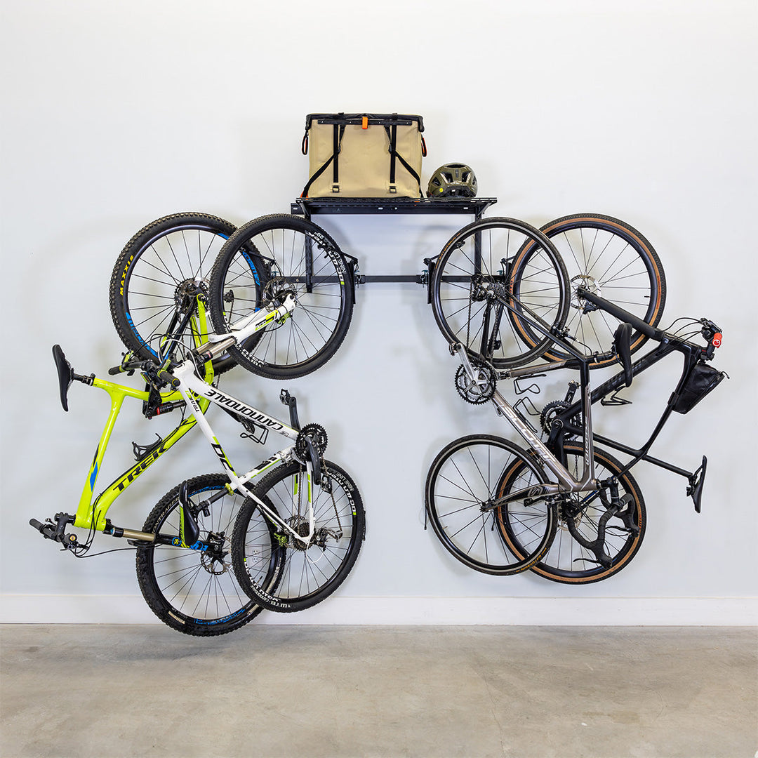 StoreYourBoard G-Swivel Bike + Shelf | Adjustable Wall Storage System | Holds 4 Bikes