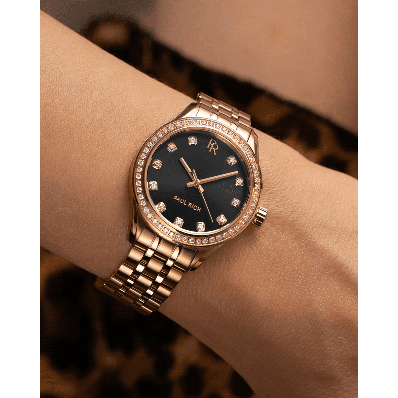 Crystelle Rose Gold Black Watch for Elegant Women