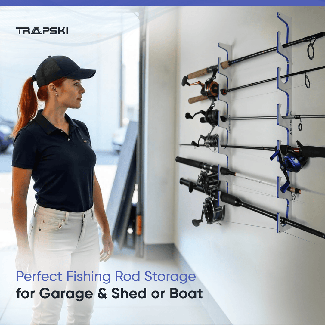 TRAPSKI Premium Fishing Rod/Pole Holder Rack Organizers | Wall or Ceiling or Boat Mounted Fishing Rod Rack | Durable Marine Grade HDPE Plastic | Stackable Storage