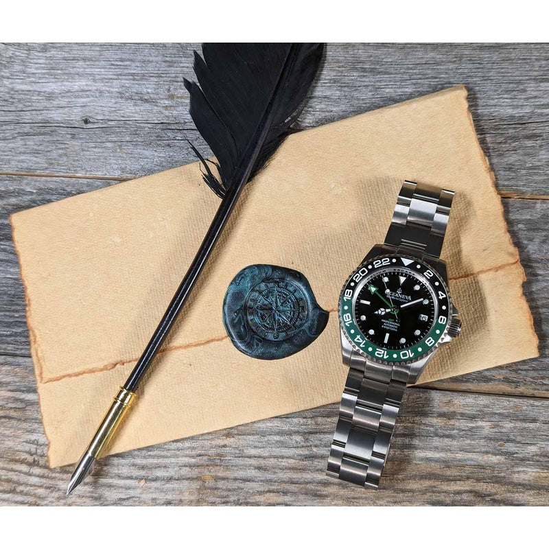 Oceaneva Men's GMT TITANIUM Automatic Deep Marine Explorer 1250M Black Green Bezel Watch