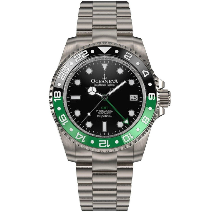 Oceaneva Men's GMT TITANIUM Automatic Deep Marine Explorer 1250M Black Green Bezel Watch