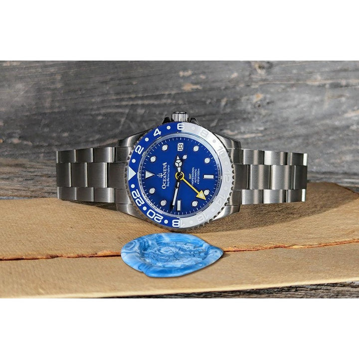 Oceaneva Men's GMT TITANIUM Automatic Deep Marine Explorer 1250M Blue & White Ceramic Bezel Watch