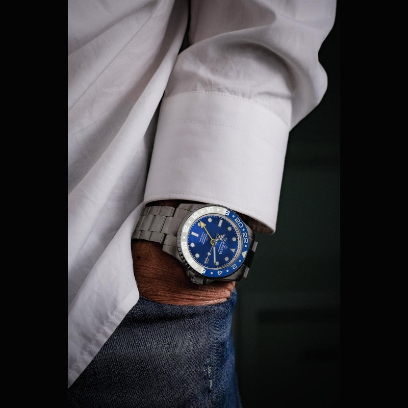 Oceaneva Men's GMT TITANIUM Automatic Deep Marine Explorer 1250M Blue & White Ceramic Bezel Watch