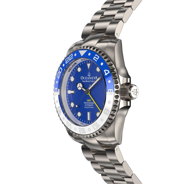 Oceaneva Men's GMT TITANIUM Automatic Deep Marine Explorer 1250M Blue & White Ceramic Bezel Watch
