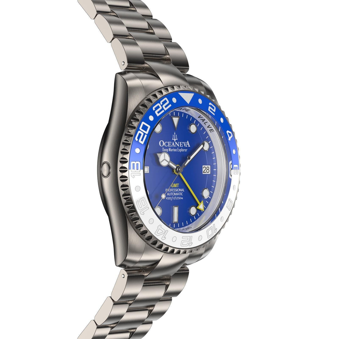 Oceaneva Men's GMT TITANIUM Automatic Deep Marine Explorer 1250M Blue & White Ceramic Bezel Watch