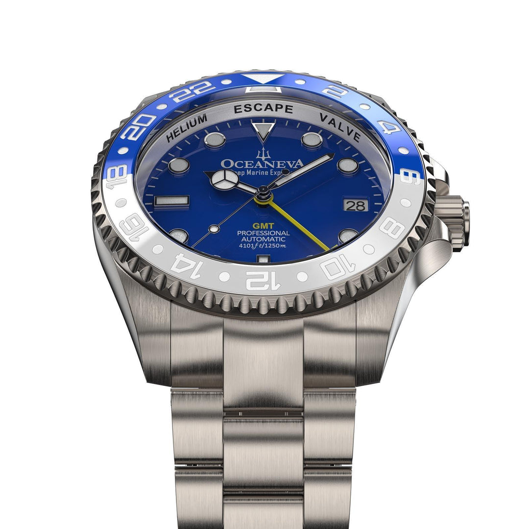 Oceaneva Men's GMT TITANIUM Automatic Deep Marine Explorer 1250M Blue & White Ceramic Bezel Watch