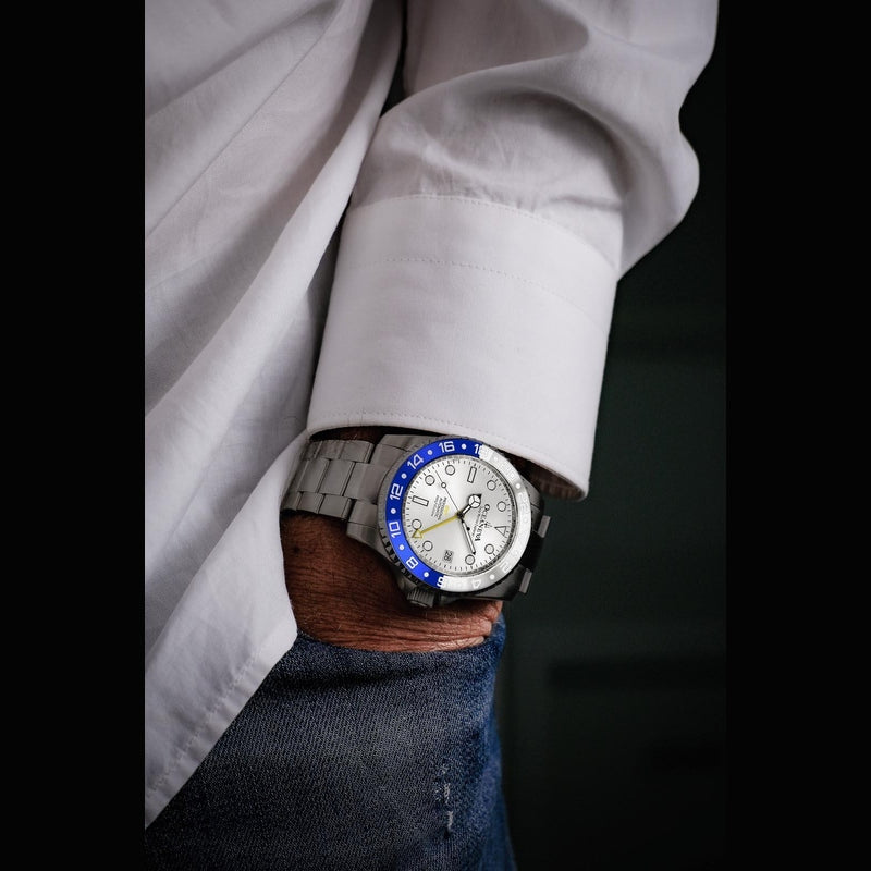Oceaneva Men's GMT TITANIUM Automatic Deep Marine Explorer 1250M White & Blue Ceramic Bezel Watch