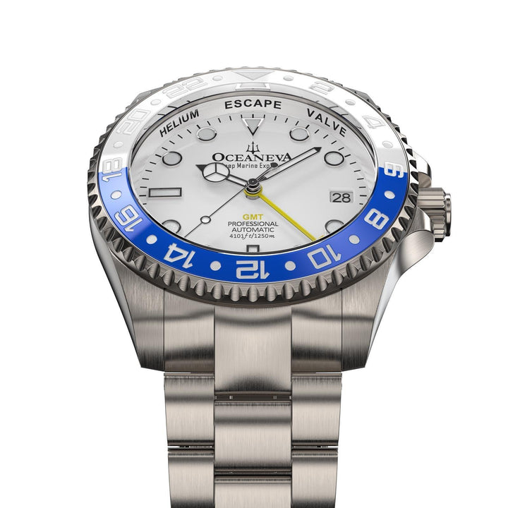 Oceaneva Men's GMT TITANIUM Automatic Deep Marine Explorer 1250M White & Blue Ceramic Bezel Watch