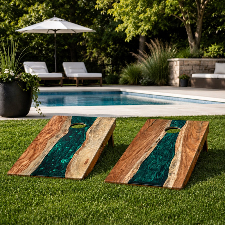 2ft x 4ft Resin & Wood Classic Cornhole Set | Live Edge River Collection